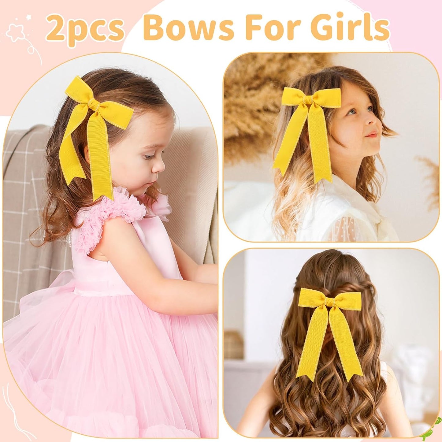 2PCS Yellow Grosgrain Ribbon Hair Bows Clips for Toddler Girls Teens | Lightweight and Soft Grosgrain Hair Accessories for Birthday Party, School Photo Daily Outfits, Non Slip,Thick and Scant Hair