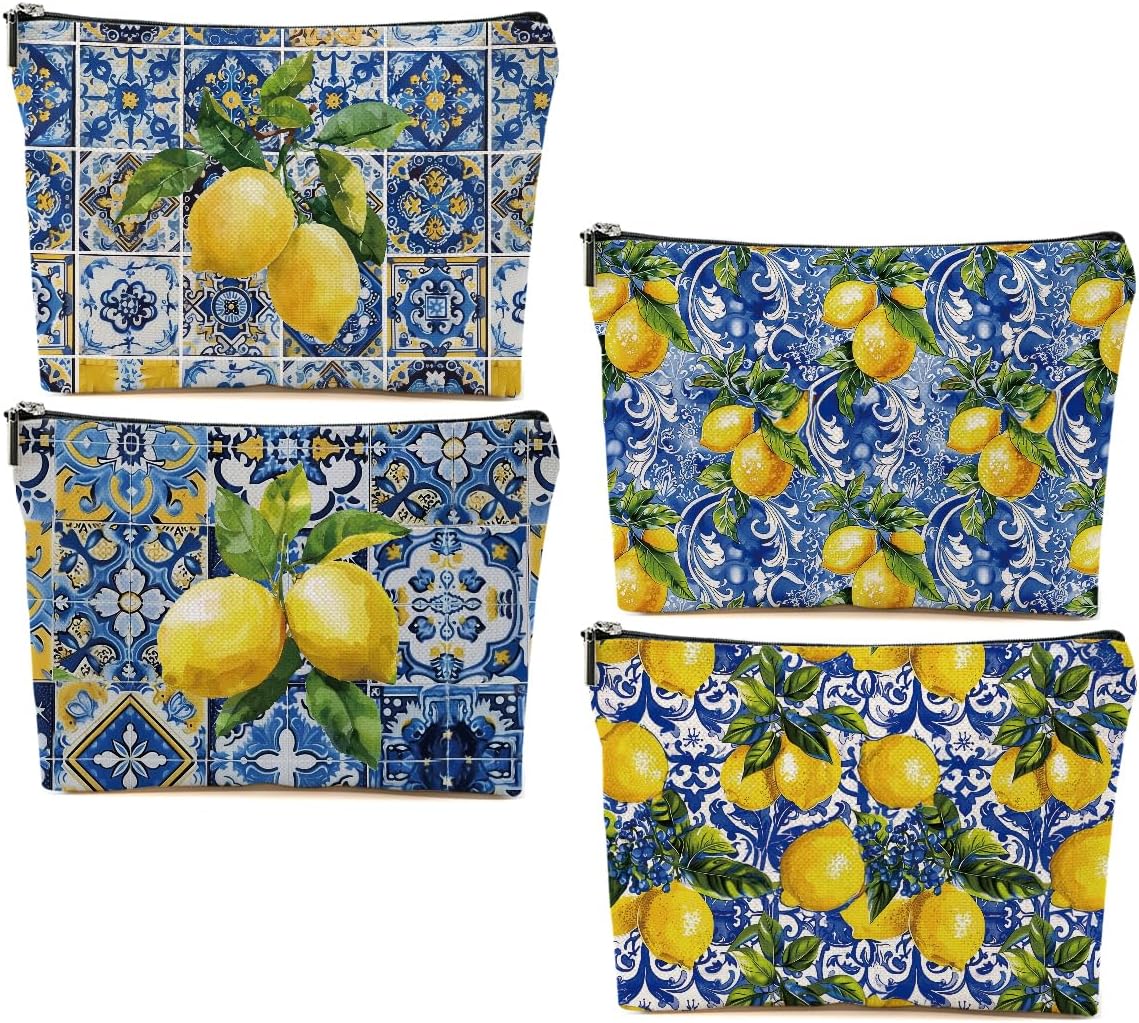 4pcs Lemon Cosmetic Bags for Women, Lemon Gifts for Women Girls Friend Mom | Italy Pattern Design Aesthetics Makeup Bag,Christmas Birthday Gifts for Lemon Lover Zipper Bag Travel Pouch for Sister Bestie