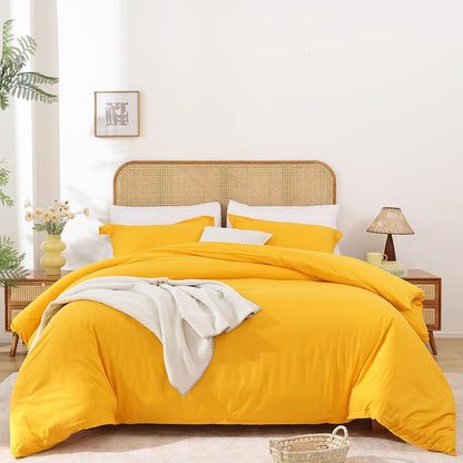 Yellow Duvet Cover Set Queen Size - 3 Piece Luxury Soft Cooling Duvet Cover with Zipper Closure and Pillow Sham, Breathable Washed Brushed Microfiber, Comforter Not Included