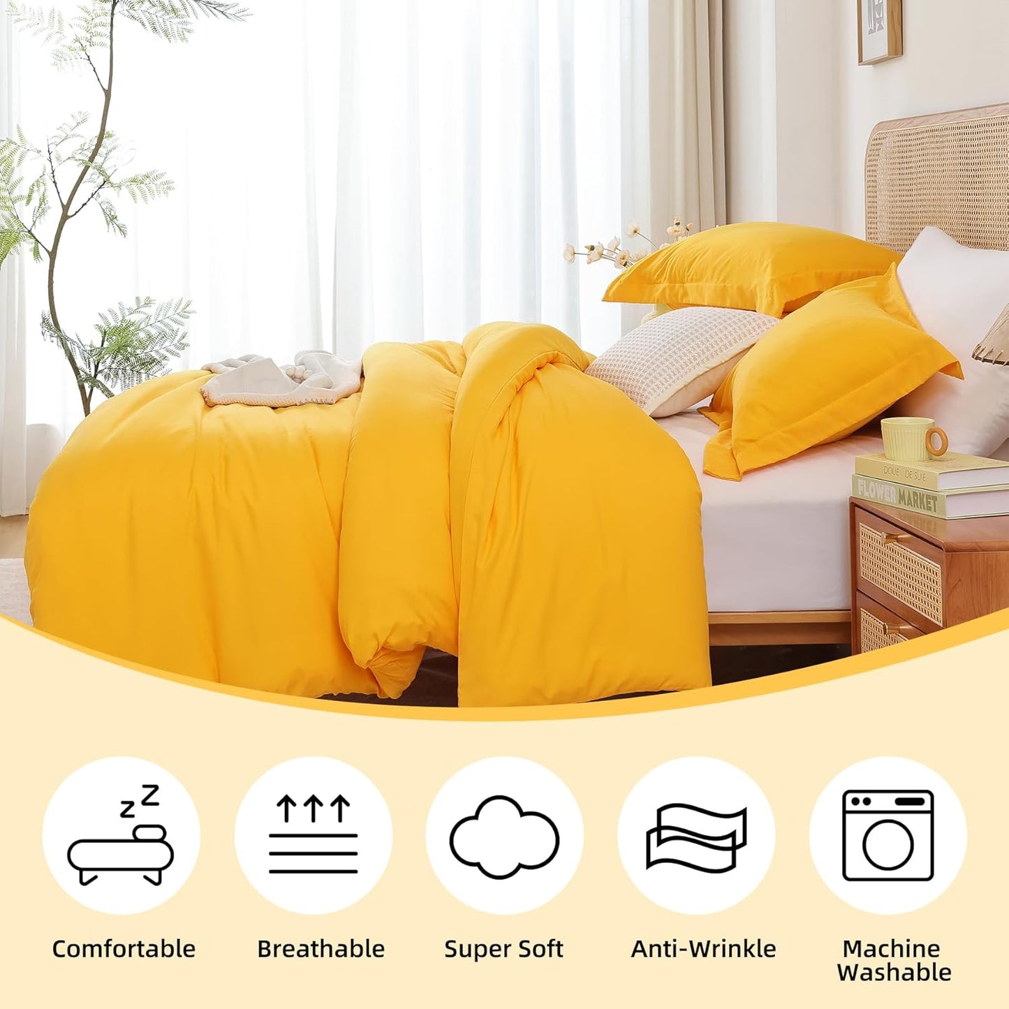 Yellow Duvet Cover Set Queen Size - 3 Piece Luxury Soft Cooling Duvet Cover with Zipper Closure and Pillow Sham, Breathable Washed Brushed Microfiber, Comforter Not Included