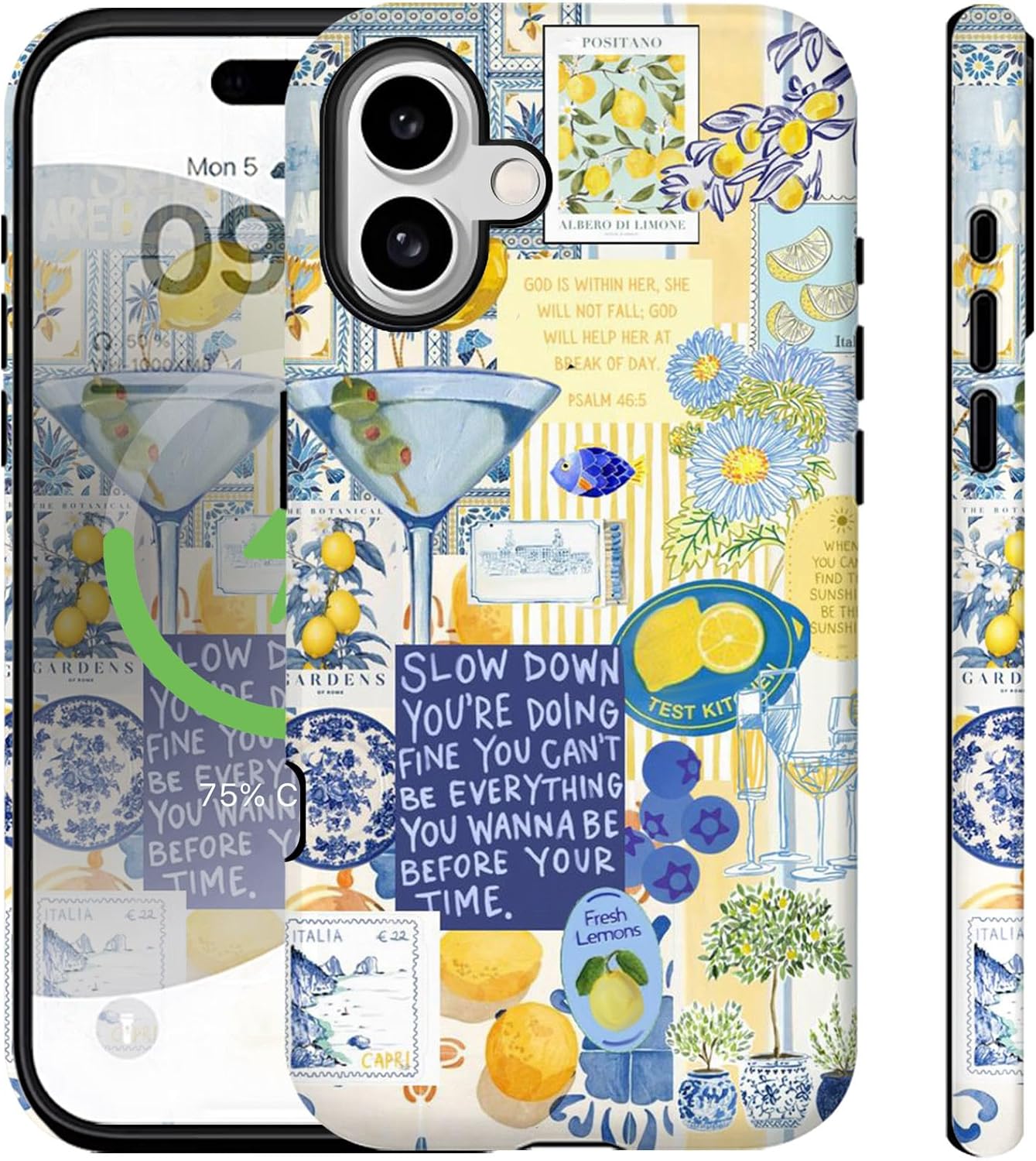 for iPhone 16 Case Italy Europe Summer Vintage Blue Flowers Yellow Lemon Motivational Quotes Collage Aesthetic [Compatible with Magsafe] Rugge Shockproof Anti-Scratch Phone Case