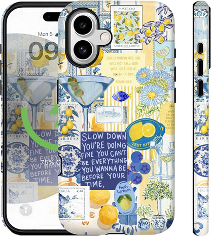 for iPhone 16 Case Italy Europe Summer Vintage Blue Flowers Yellow Lemon Motivational Quotes Collage Aesthetic [Compatible with Magsafe] Rugge Shockproof Anti-Scratch Phone Case