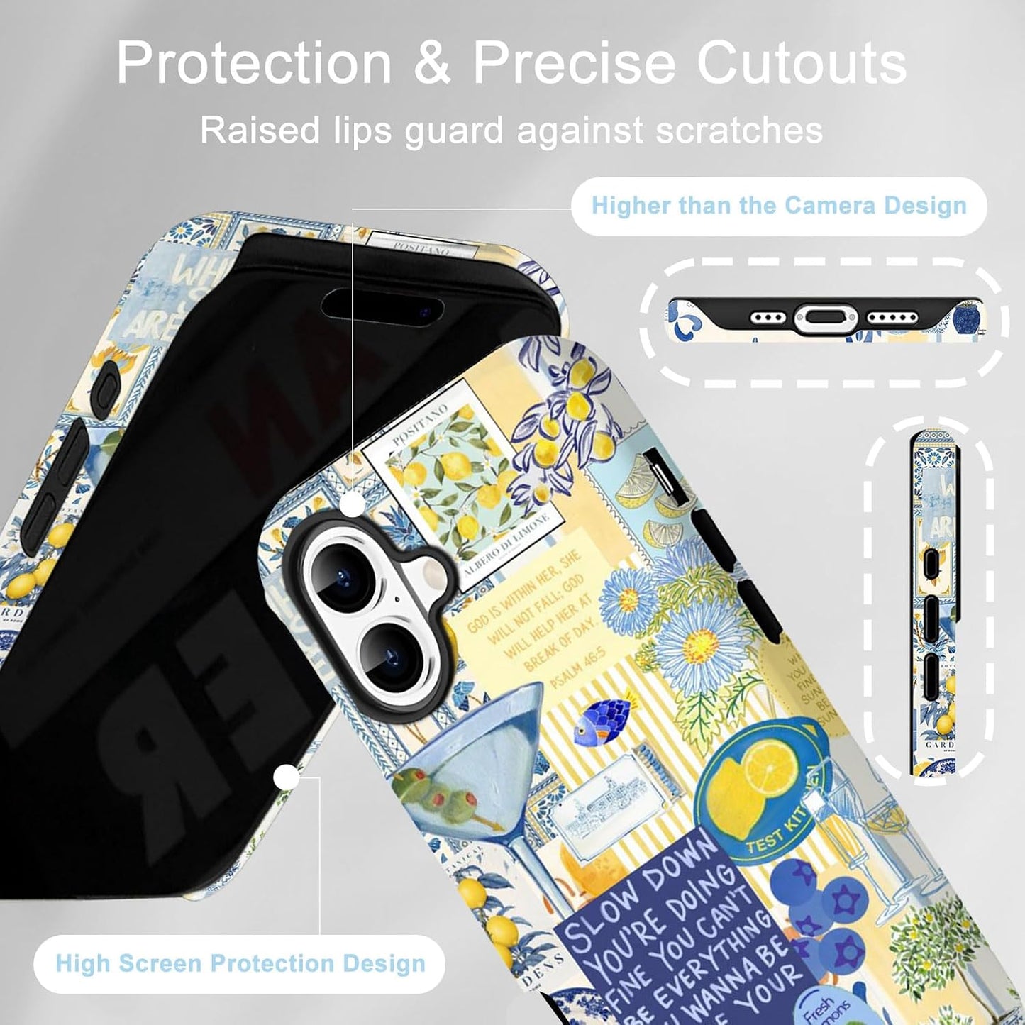 for iPhone 16 Case Italy Europe Summer Vintage Blue Flowers Yellow Lemon Motivational Quotes Collage Aesthetic [Compatible with Magsafe] Rugge Shockproof Anti-Scratch Phone Case