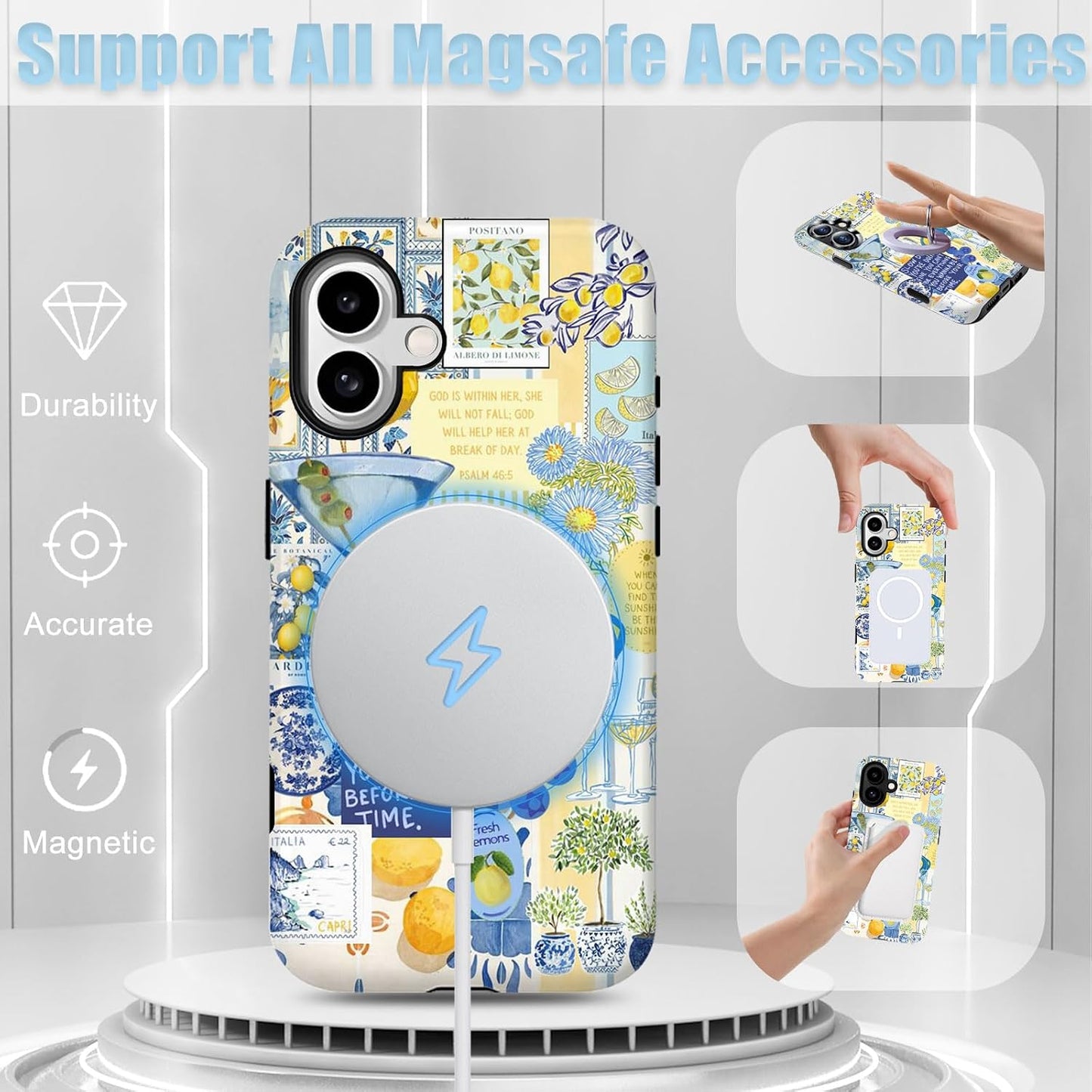 for iPhone 16 Case Italy Europe Summer Vintage Blue Flowers Yellow Lemon Motivational Quotes Collage Aesthetic [Compatible with Magsafe] Rugge Shockproof Anti-Scratch Phone Case
