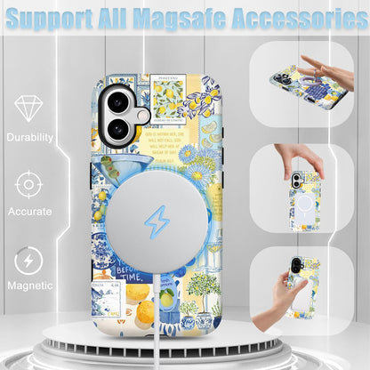 for iPhone 16 Case Italy Europe Summer Vintage Blue Flowers Yellow Lemon Motivational Quotes Collage Aesthetic [Compatible with Magsafe] Rugge Shockproof Anti-Scratch Phone Case