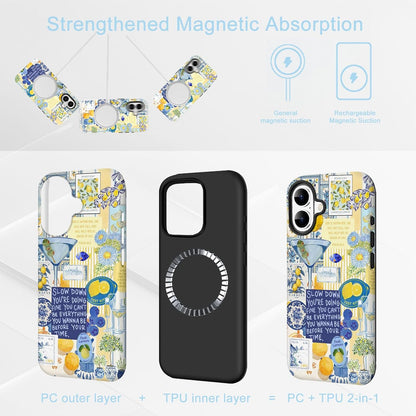 for iPhone 16 Case Italy Europe Summer Vintage Blue Flowers Yellow Lemon Motivational Quotes Collage Aesthetic [Compatible with Magsafe] Rugge Shockproof Anti-Scratch Phone Case