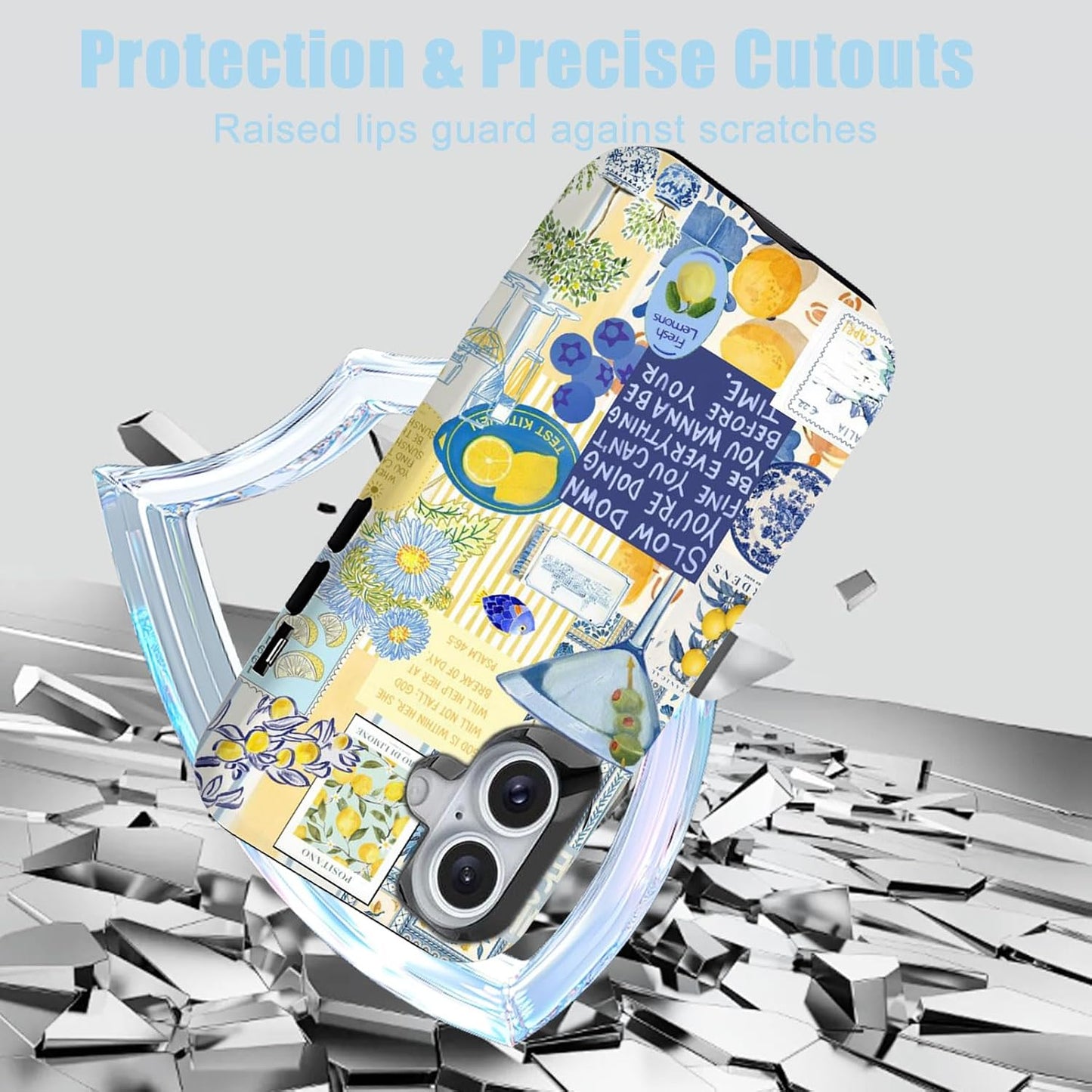 for iPhone 16 Case Italy Europe Summer Vintage Blue Flowers Yellow Lemon Motivational Quotes Collage Aesthetic [Compatible with Magsafe] Rugge Shockproof Anti-Scratch Phone Case