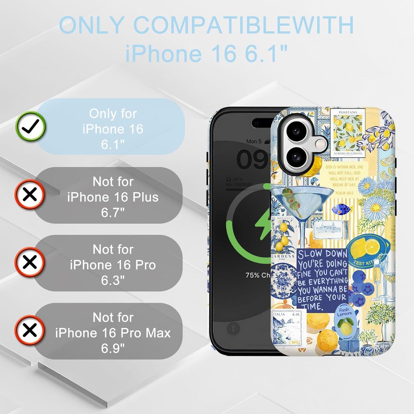 for iPhone 16 Case Italy Europe Summer Vintage Blue Flowers Yellow Lemon Motivational Quotes Collage Aesthetic [Compatible with Magsafe] Rugge Shockproof Anti-Scratch Phone Case