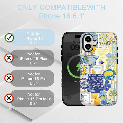 for iPhone 16 Case Italy Europe Summer Vintage Blue Flowers Yellow Lemon Motivational Quotes Collage Aesthetic [Compatible with Magsafe] Rugge Shockproof Anti-Scratch Phone Case
