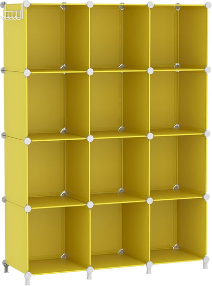 Cube Storage Organizer, Storage Cubes Shelves, 12 Cube Closet Organizers and Storage, DIY Stackable Bookshelf Plastic Clothes Organizer Shelving for Bedroom, Home,Yellow