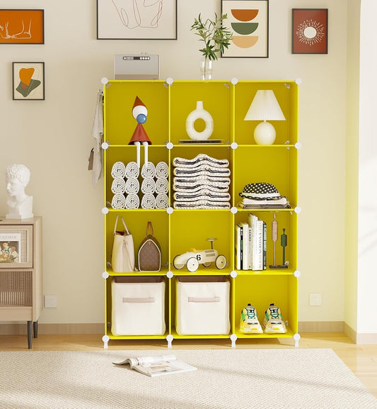 Cube Storage Organizer, Storage Cubes Shelves, 12 Cube Closet Organizers and Storage, DIY Stackable Bookshelf Plastic Clothes Organizer Shelving for Bedroom, Home,Yellow