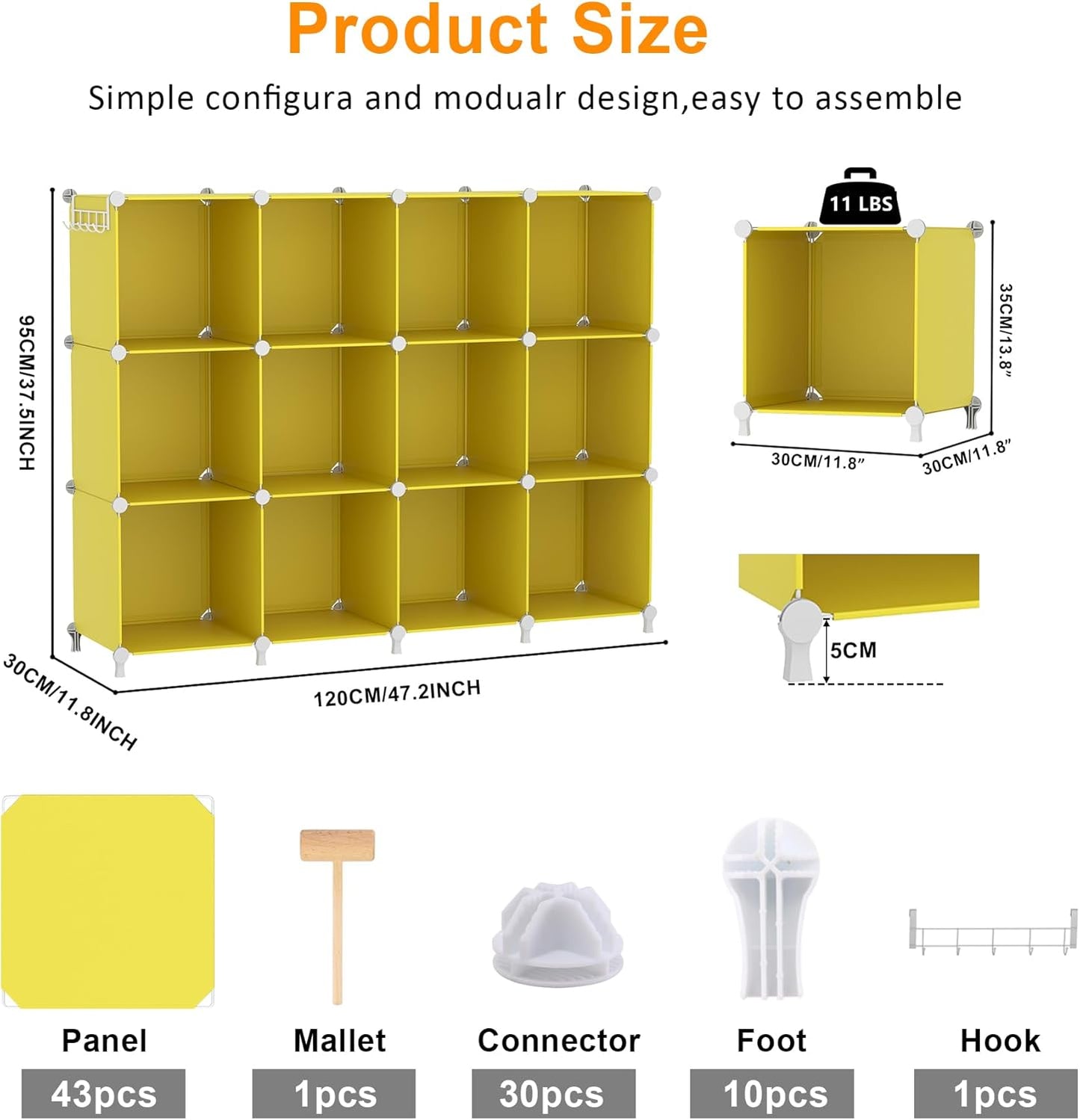 Cube Storage Organizer, Storage Cubes Shelves, 12 Cube Closet Organizers and Storage, DIY Stackable Bookshelf Plastic Clothes Organizer Shelving for Bedroom, Home,Yellow