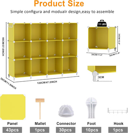 Cube Storage Organizer, Storage Cubes Shelves, 12 Cube Closet Organizers and Storage, DIY Stackable Bookshelf Plastic Clothes Organizer Shelving for Bedroom, Home,Yellow