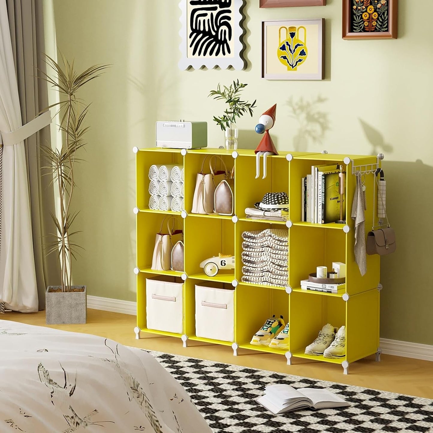 Cube Storage Organizer, Storage Cubes Shelves, 12 Cube Closet Organizers and Storage, DIY Stackable Bookshelf Plastic Clothes Organizer Shelving for Bedroom, Home,Yellow