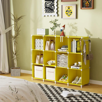 Cube Storage Organizer, Storage Cubes Shelves, 12 Cube Closet Organizers and Storage, DIY Stackable Bookshelf Plastic Clothes Organizer Shelving for Bedroom, Home,Yellow