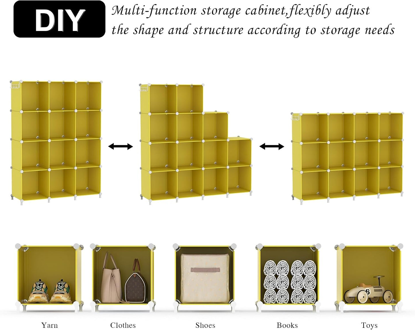 Cube Storage Organizer, Storage Cubes Shelves, 12 Cube Closet Organizers and Storage, DIY Stackable Bookshelf Plastic Clothes Organizer Shelving for Bedroom, Home,Yellow