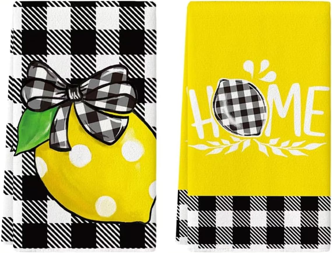 Set of 2 Spring Lemon Kitchen Towels Dish Towels, Spring Summer Lemon Home Hand Towels 16x24 Inches Seasonal Decoration Towel