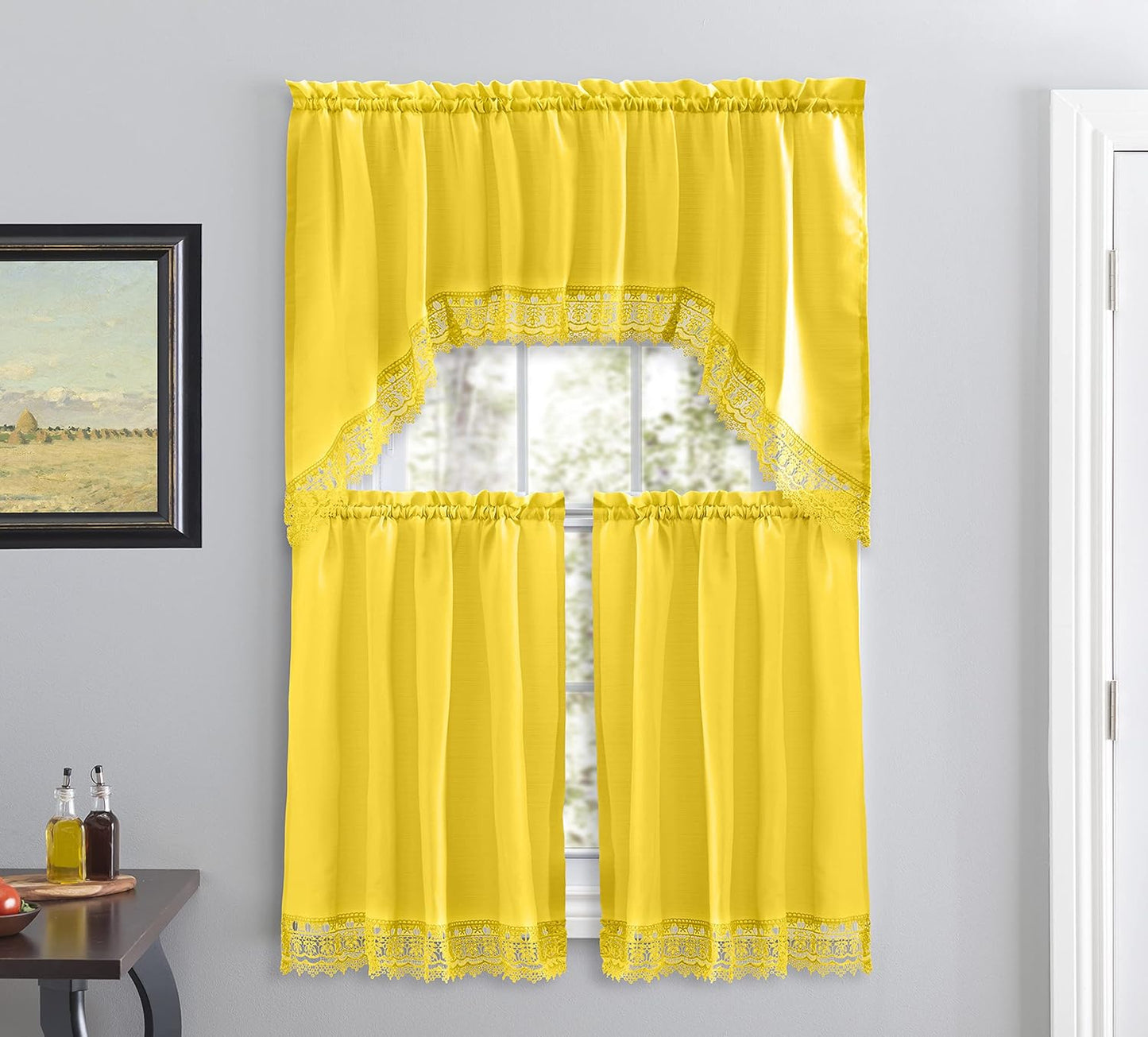 American Linen 3-Piece Kitchen Café Curtains with Embroidered Lace (Yellow) | Includes matching valance and tiers with lace trim. Light-filtering curtains for kitchen, bath, and small windows.