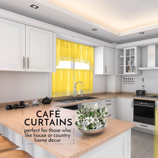American Linen 3-Piece Kitchen Café Curtains with Embroidered Lace (Yellow) | Includes matching valance and tiers with lace trim. Light-filtering curtains for kitchen, bath, and small windows.