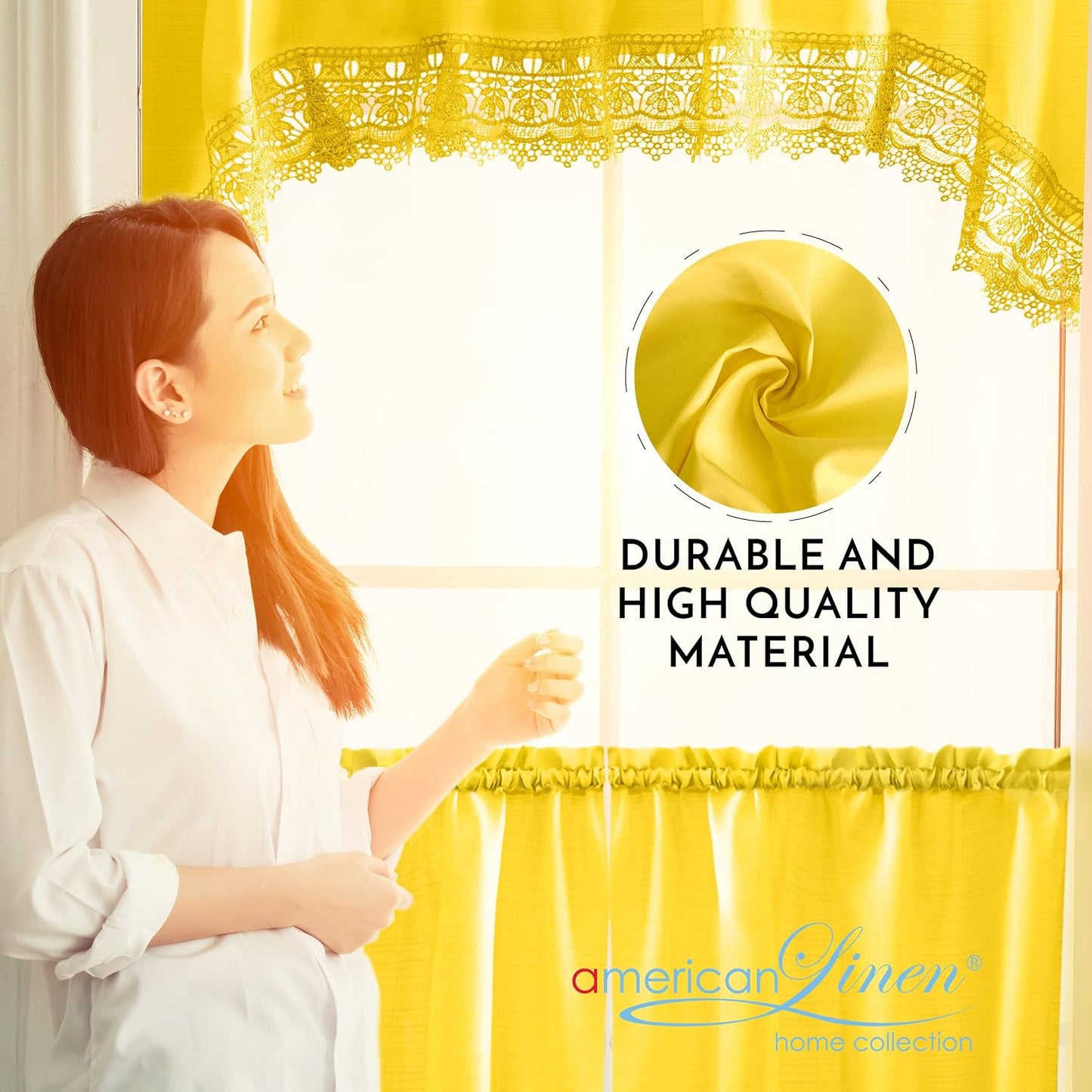 American Linen 3-Piece Kitchen Café Curtains with Embroidered Lace (Yellow) | Includes matching valance and tiers with lace trim. Light-filtering curtains for kitchen, bath, and small windows.