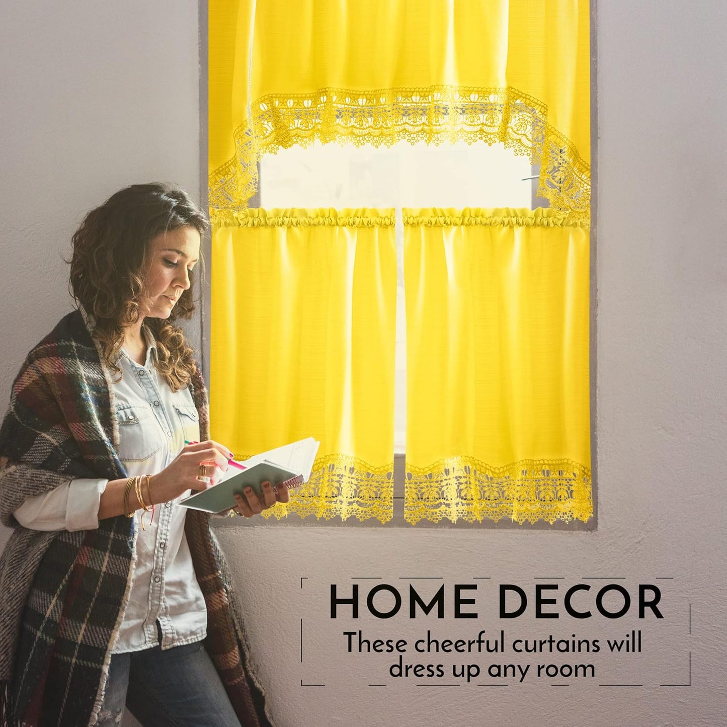 American Linen 3-Piece Kitchen Café Curtains with Embroidered Lace (Yellow) | Includes matching valance and tiers with lace trim. Light-filtering curtains for kitchen, bath, and small windows.
