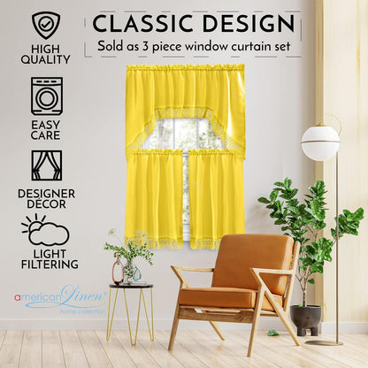 American Linen 3-Piece Kitchen Café Curtains with Embroidered Lace (Yellow) | Includes matching valance and tiers with lace trim. Light-filtering curtains for kitchen, bath, and small windows.