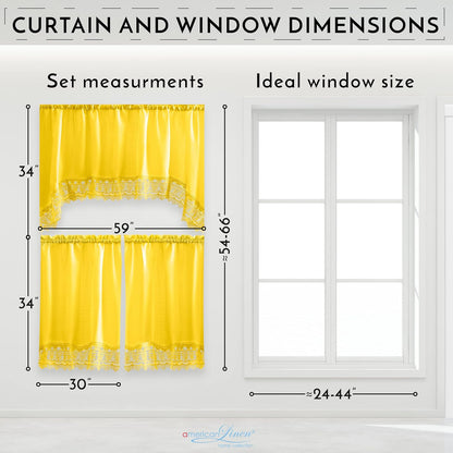American Linen 3-Piece Kitchen Café Curtains with Embroidered Lace (Yellow) | Includes matching valance and tiers with lace trim. Light-filtering curtains for kitchen, bath, and small windows.