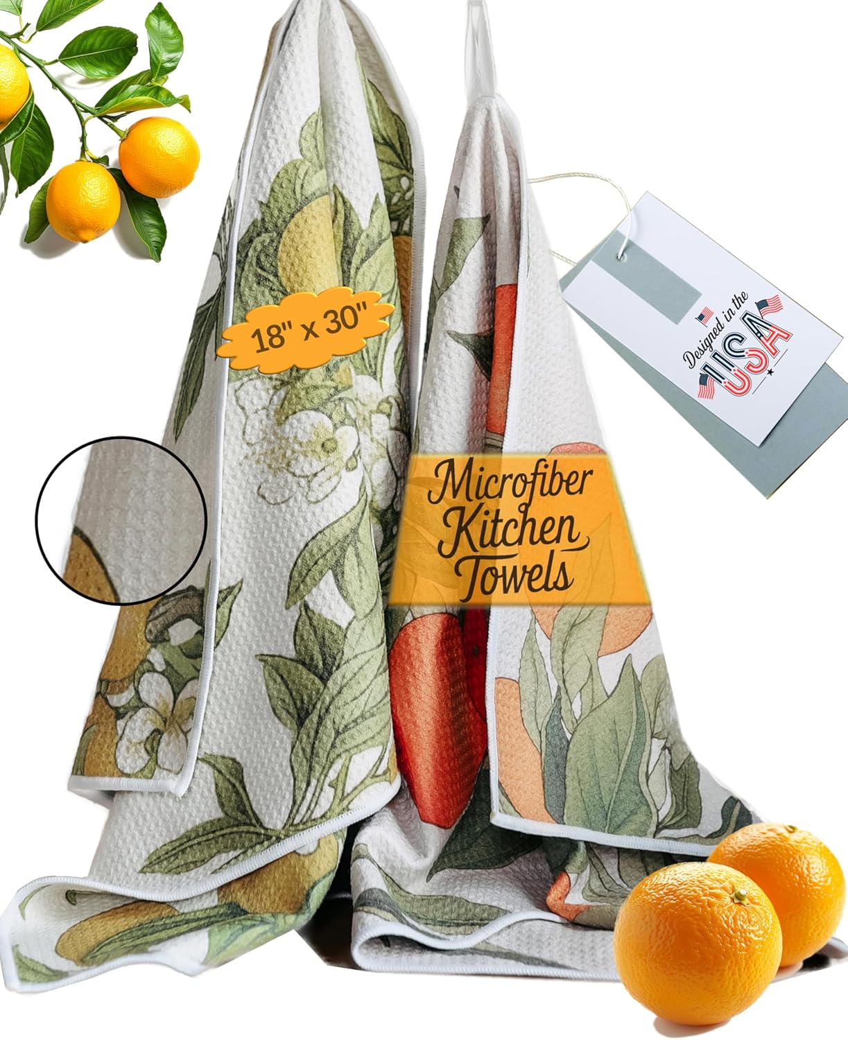 2-Pack Citrus Chic GridFibe™ Waffle Kitchen Towels - Lemon Pattern Kitchen Towels - Super Absorbent, Quick-Dry Magic, Decorative Dish Cloths - 18" x 30" - 2 Count