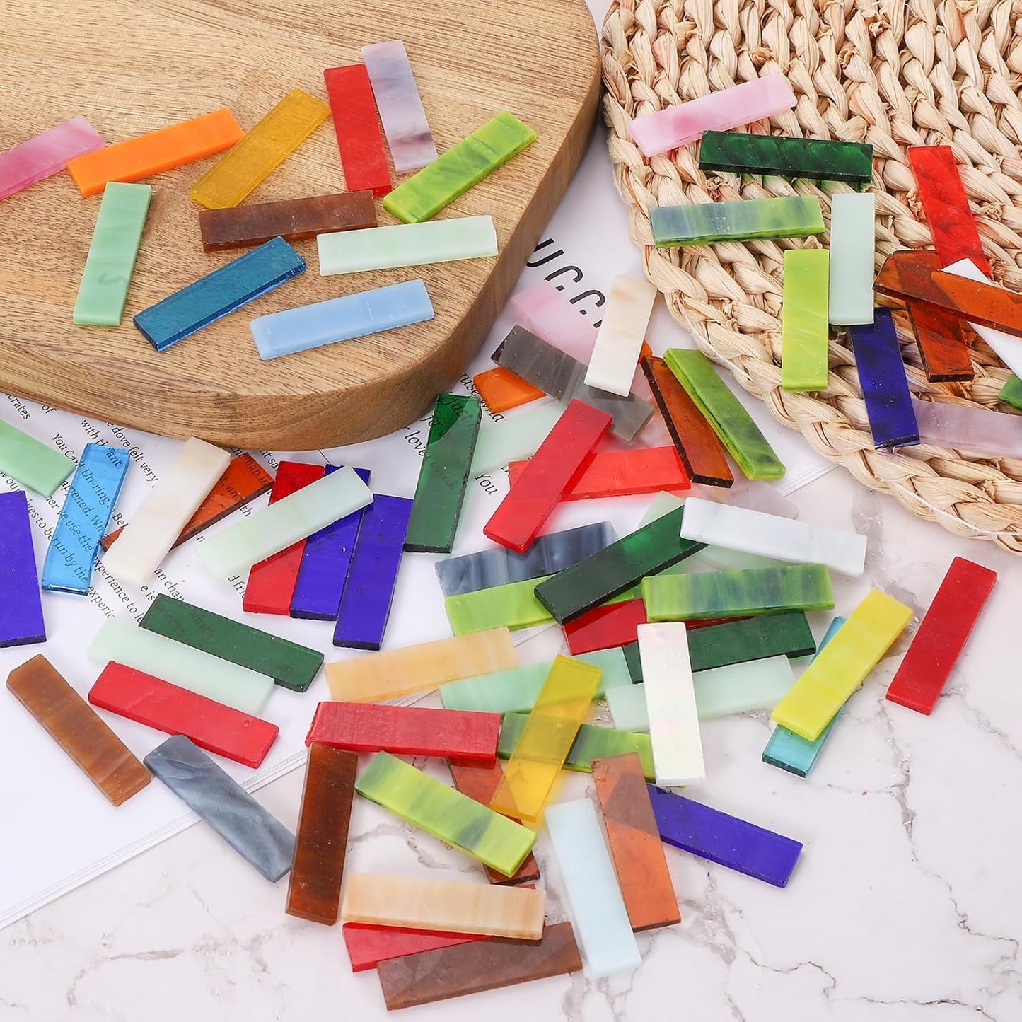 Rectangular Mosaic Tiles Stained Glass Strips, 1.57" x 0.4" Iridescent Yellow Glass Pieces 100g/3.53 oz Mosaic Tile Making Supplies for DIY Handmade Crafts and Home Decoration