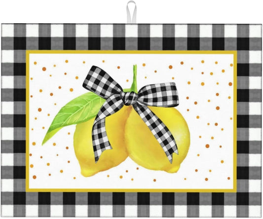 Lemon Dish Drying Mat for Kitchen Counter Microfiber Absorbent Plaid Buffalo Cute Bow Fruits Kitchen Decor Coffee Bar Accessories Draining Mat Extra Large Washable Dish Drainer Rack Mats 18"x24"