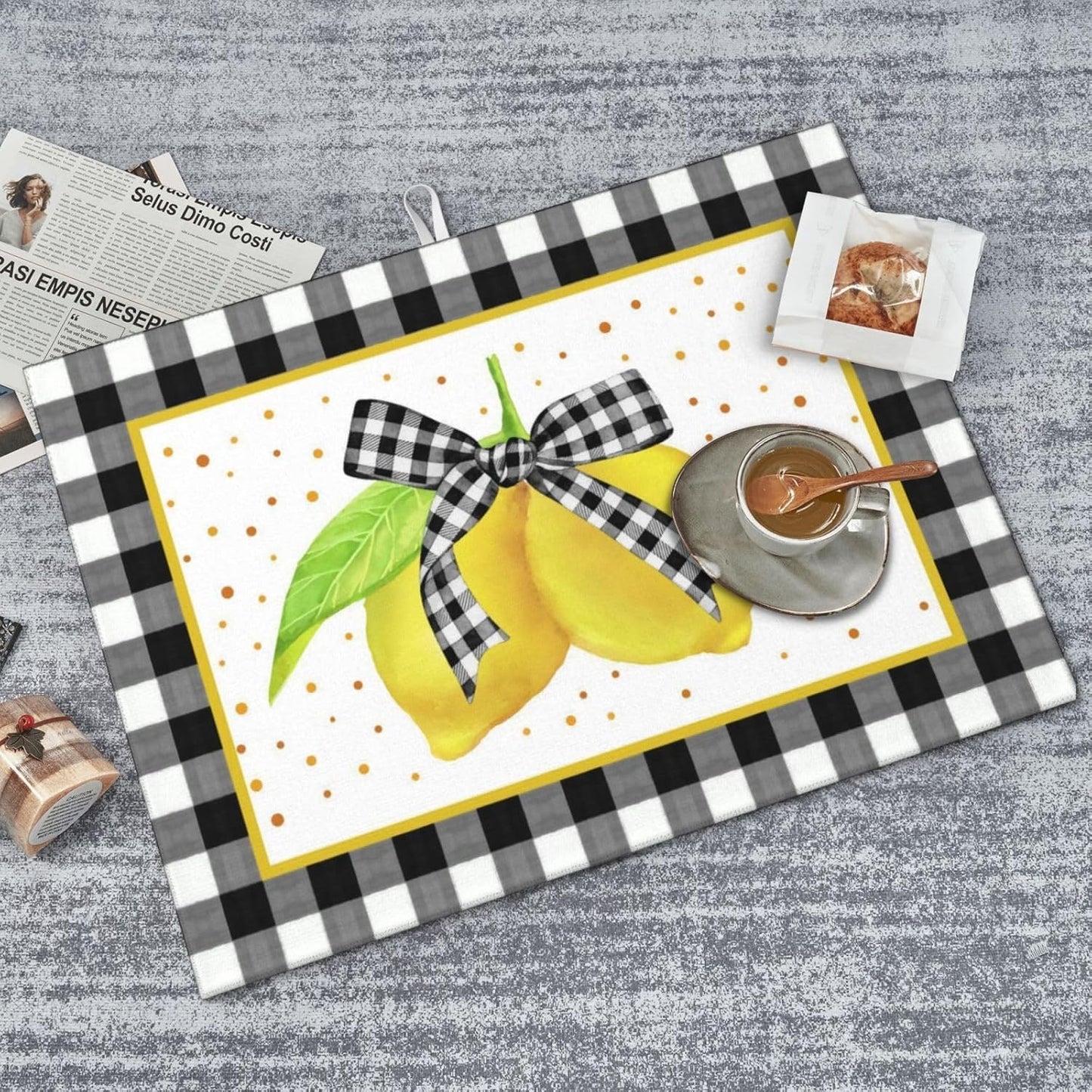 Lemon Dish Drying Mat for Kitchen Counter Microfiber Absorbent Plaid Buffalo Cute Bow Fruits Kitchen Decor Coffee Bar Accessories Draining Mat Extra Large Washable Dish Drainer Rack Mats 18"x24"