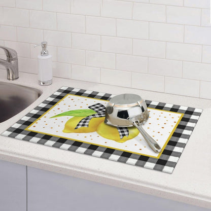 Lemon Dish Drying Mat for Kitchen Counter Microfiber Absorbent Plaid Buffalo Cute Bow Fruits Kitchen Decor Coffee Bar Accessories Draining Mat Extra Large Washable Dish Drainer Rack Mats 18"x24"