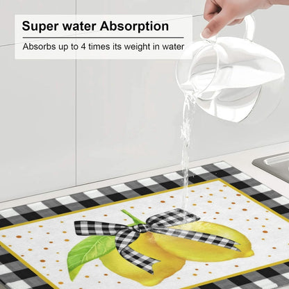 Lemon Dish Drying Mat for Kitchen Counter Microfiber Absorbent Plaid Buffalo Cute Bow Fruits Kitchen Decor Coffee Bar Accessories Draining Mat Extra Large Washable Dish Drainer Rack Mats 18"x24"