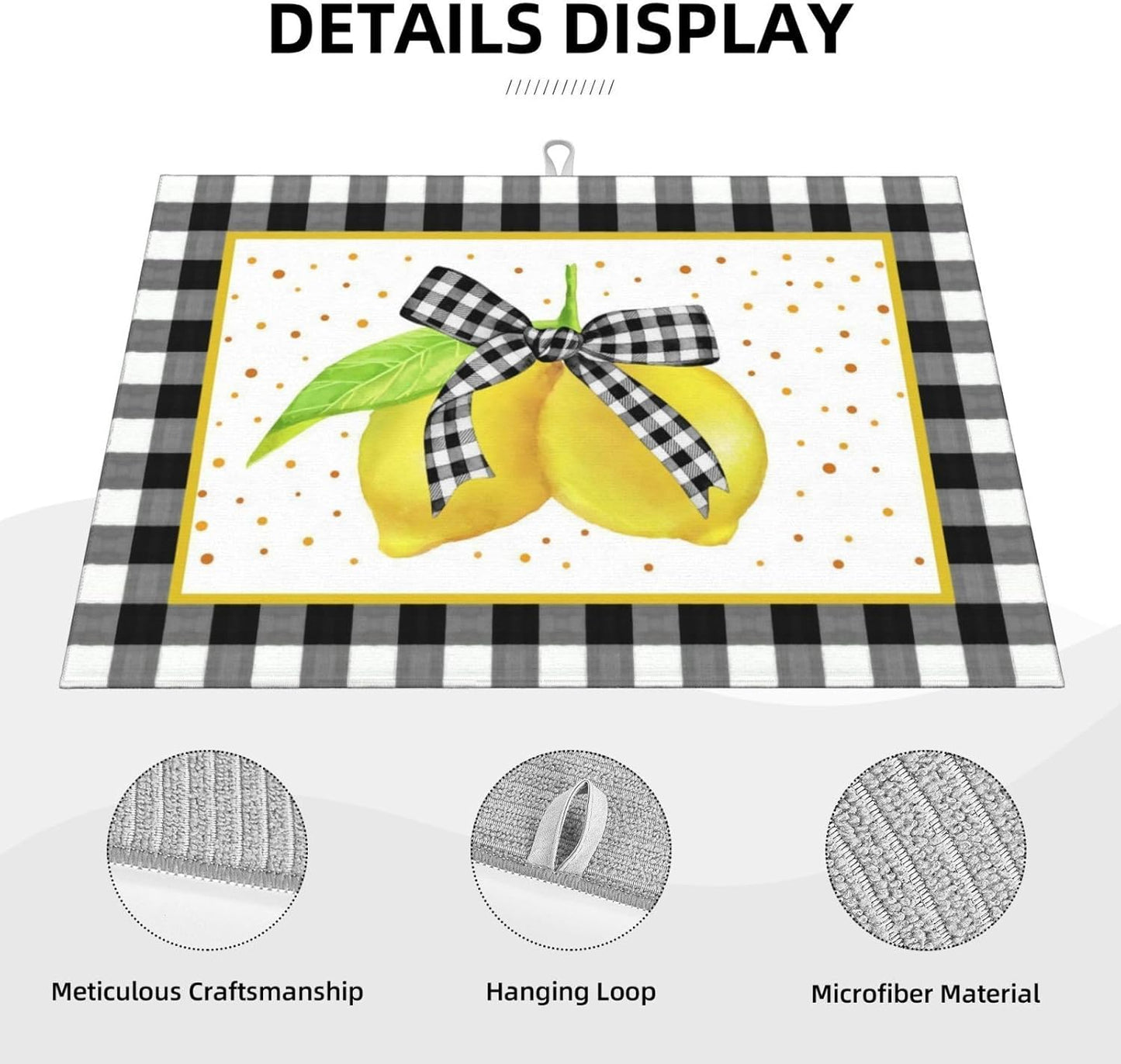 Lemon Dish Drying Mat for Kitchen Counter Microfiber Absorbent Plaid Buffalo Cute Bow Fruits Kitchen Decor Coffee Bar Accessories Draining Mat Extra Large Washable Dish Drainer Rack Mats 18"x24"