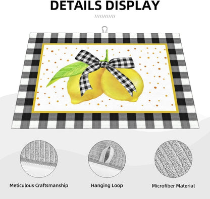 Lemon Dish Drying Mat for Kitchen Counter Microfiber Absorbent Plaid Buffalo Cute Bow Fruits Kitchen Decor Coffee Bar Accessories Draining Mat Extra Large Washable Dish Drainer Rack Mats 18"x24"