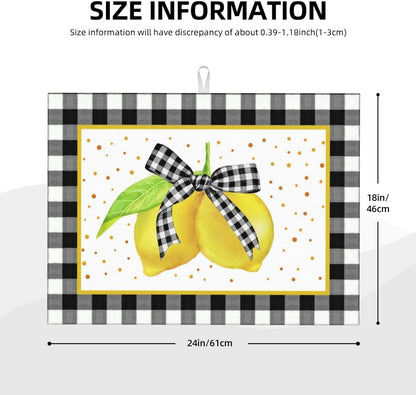 Lemon Dish Drying Mat for Kitchen Counter Microfiber Absorbent Plaid Buffalo Cute Bow Fruits Kitchen Decor Coffee Bar Accessories Draining Mat Extra Large Washable Dish Drainer Rack Mats 18"x24"