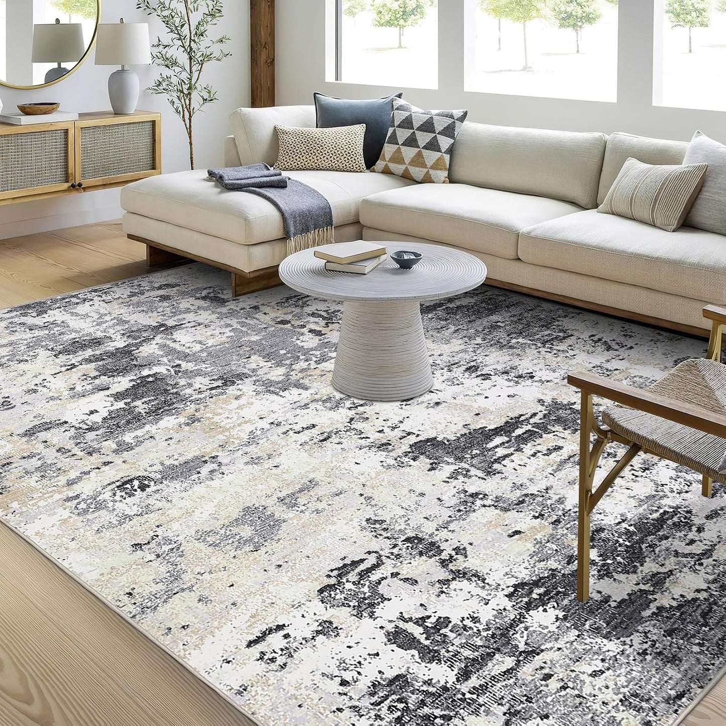 Modern Abstract Area Rug 5x7 Non Slip Non Shedding Rug Low Pile Stain Resistant for Bedroom Living Room,Black Yellow
