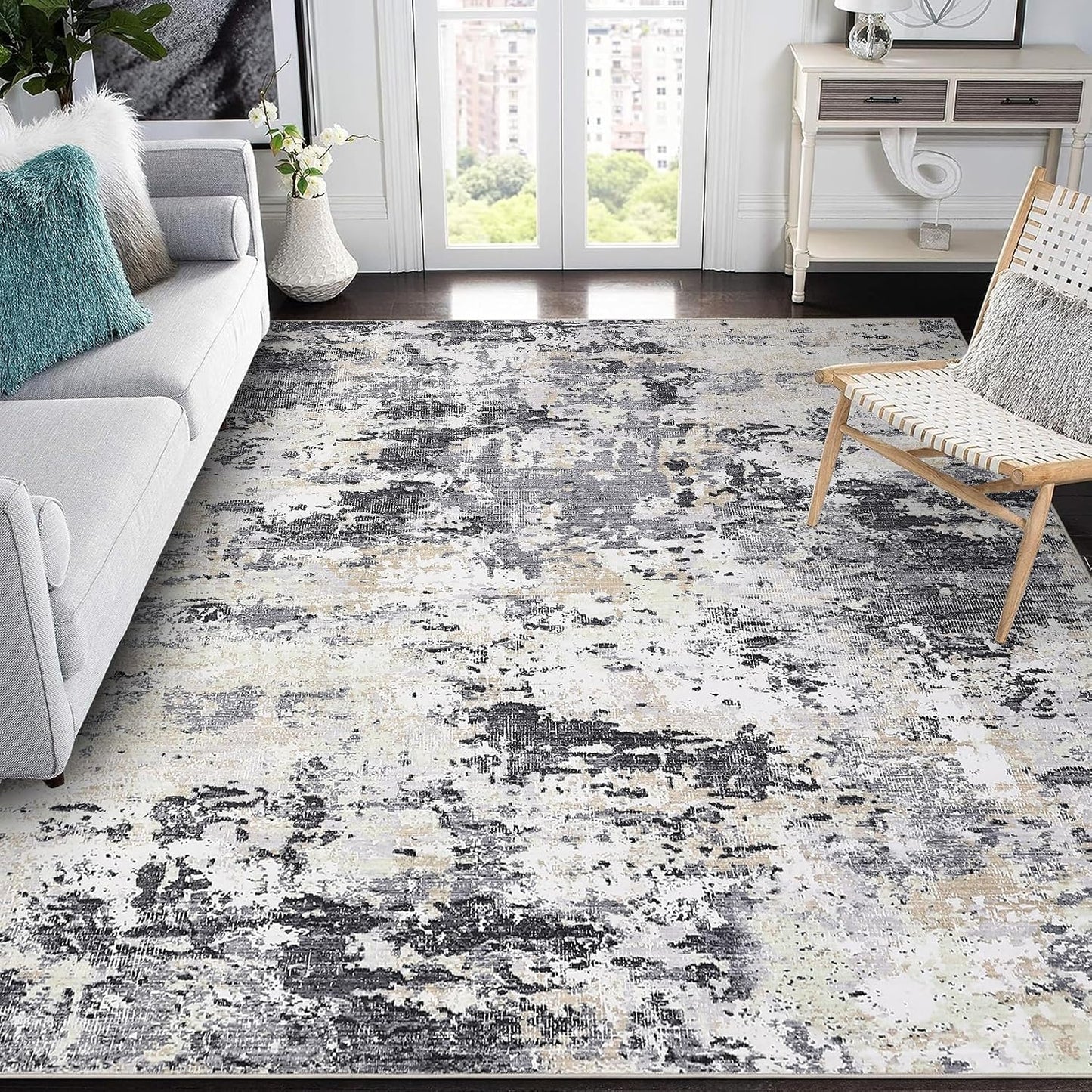 Modern Abstract Area Rug 5x7 Non Slip Non Shedding Rug Low Pile Stain Resistant for Bedroom Living Room,Black Yellow