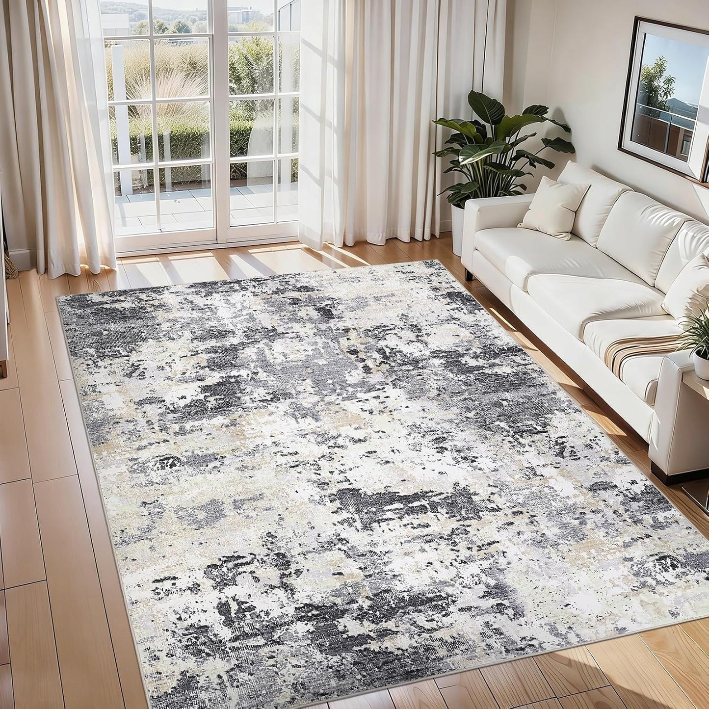 Modern Abstract Area Rug 5x7 Non Slip Non Shedding Rug Low Pile Stain Resistant for Bedroom Living Room,Black Yellow