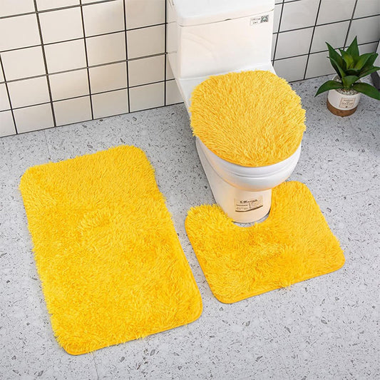 3 Piece Bath Set - Ultra Soft Non Slip Bath Mat & Absorbent Chenille Bath Mat for Tub, Shower & Toilet (Yellow)