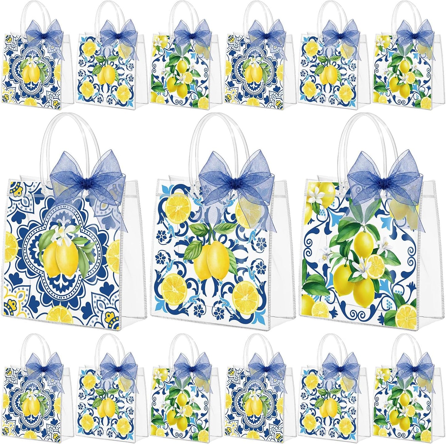 30 Pcs Capri Lemon Clear Gift Bags Plastic Reusable Party Favor Goodie Treat Snack Bag with Handle Ribbon Amalfi Coast Lemon Italian Handbag for Summer Birthday Wedding Baby Shower Supply