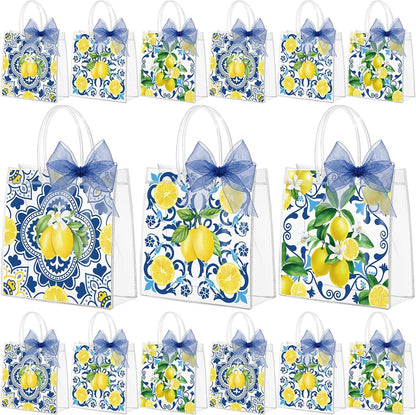 30 Pcs Capri Lemon Clear Gift Bags Plastic Reusable Party Favor Goodie Treat Snack Bag with Handle Ribbon Amalfi Coast Lemon Italian Handbag for Summer Birthday Wedding Baby Shower Supply