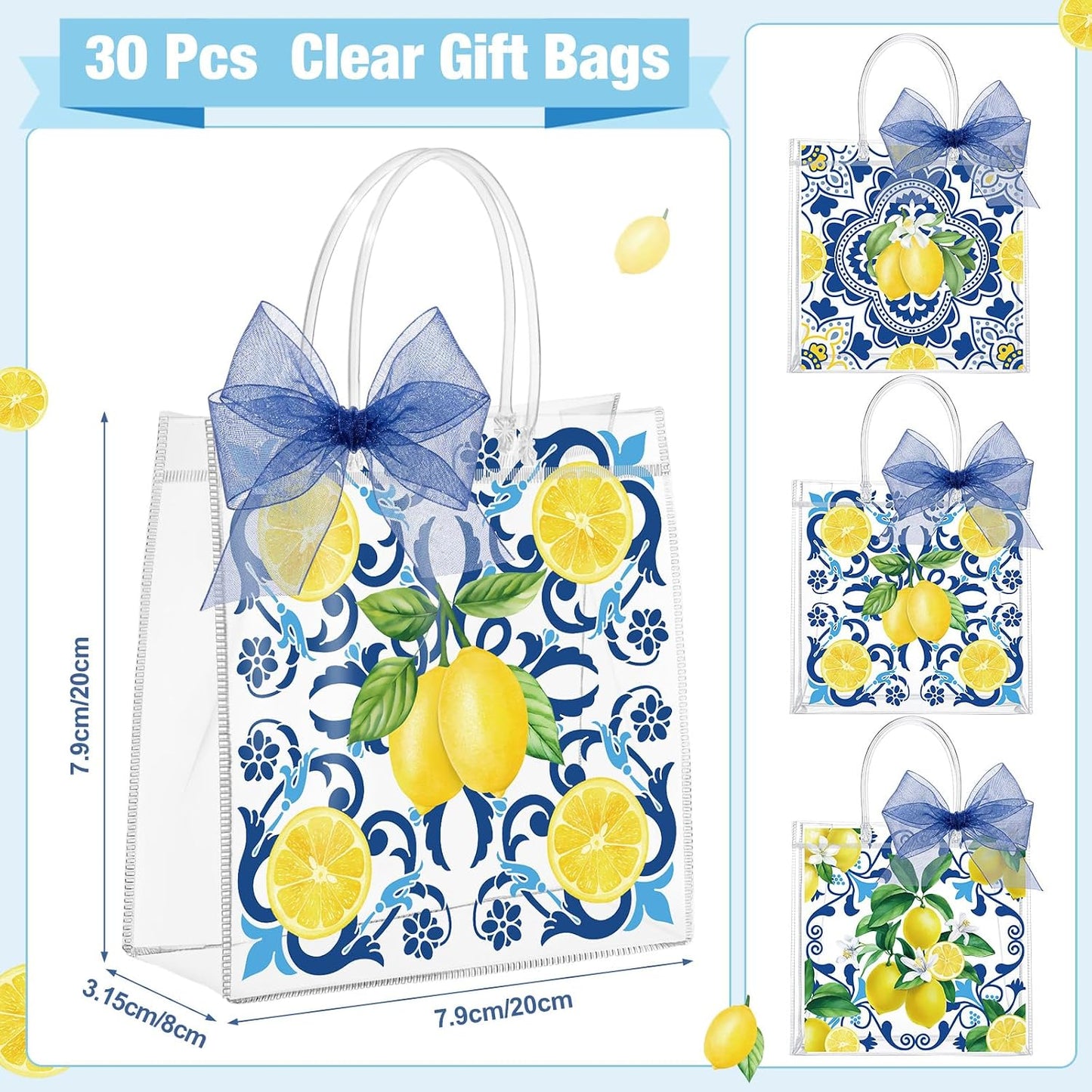 30 Pcs Capri Lemon Clear Gift Bags Plastic Reusable Party Favor Goodie Treat Snack Bag with Handle Ribbon Amalfi Coast Lemon Italian Handbag for Summer Birthday Wedding Baby Shower Supply
