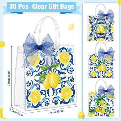 30 Pcs Capri Lemon Clear Gift Bags Plastic Reusable Party Favor Goodie Treat Snack Bag with Handle Ribbon Amalfi Coast Lemon Italian Handbag for Summer Birthday Wedding Baby Shower Supply