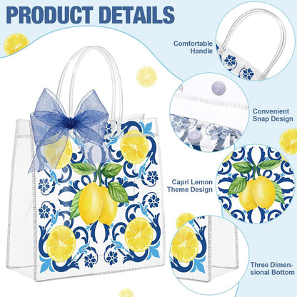 30 Pcs Capri Lemon Clear Gift Bags Plastic Reusable Party Favor Goodie Treat Snack Bag with Handle Ribbon Amalfi Coast Lemon Italian Handbag for Summer Birthday Wedding Baby Shower Supply