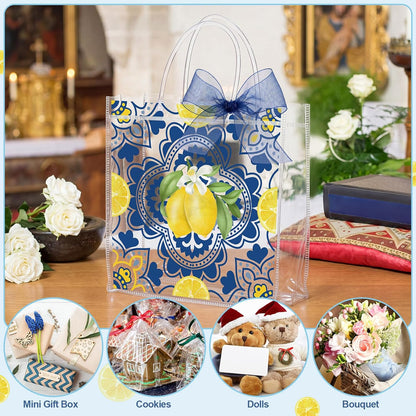 30 Pcs Capri Lemon Clear Gift Bags Plastic Reusable Party Favor Goodie Treat Snack Bag with Handle Ribbon Amalfi Coast Lemon Italian Handbag for Summer Birthday Wedding Baby Shower Supply