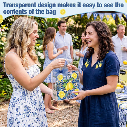 30 Pcs Capri Lemon Clear Gift Bags Plastic Reusable Party Favor Goodie Treat Snack Bag with Handle Ribbon Amalfi Coast Lemon Italian Handbag for Summer Birthday Wedding Baby Shower Supply