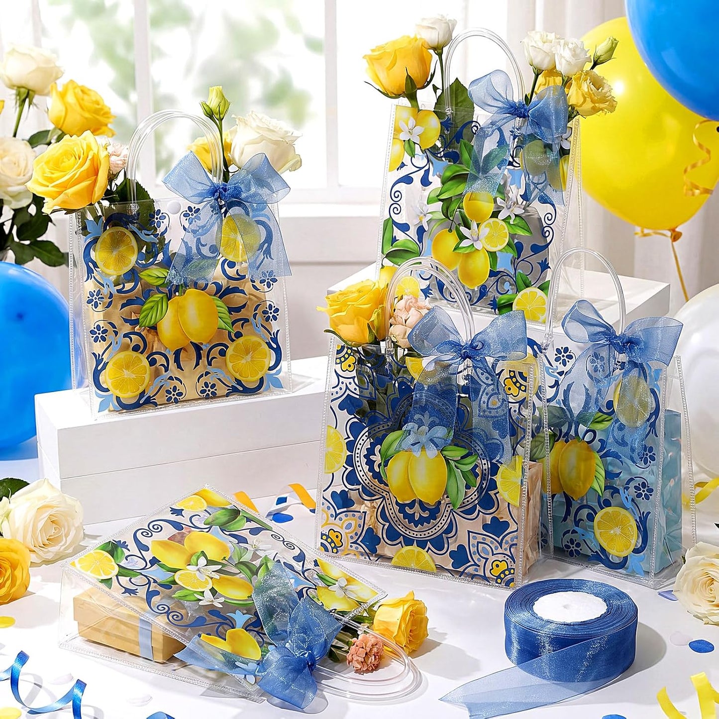 30 Pcs Capri Lemon Clear Gift Bags Plastic Reusable Party Favor Goodie Treat Snack Bag with Handle Ribbon Amalfi Coast Lemon Italian Handbag for Summer Birthday Wedding Baby Shower Supply