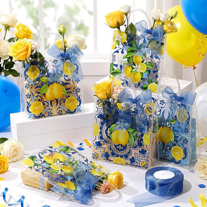 30 Pcs Capri Lemon Clear Gift Bags Plastic Reusable Party Favor Goodie Treat Snack Bag with Handle Ribbon Amalfi Coast Lemon Italian Handbag for Summer Birthday Wedding Baby Shower Supply