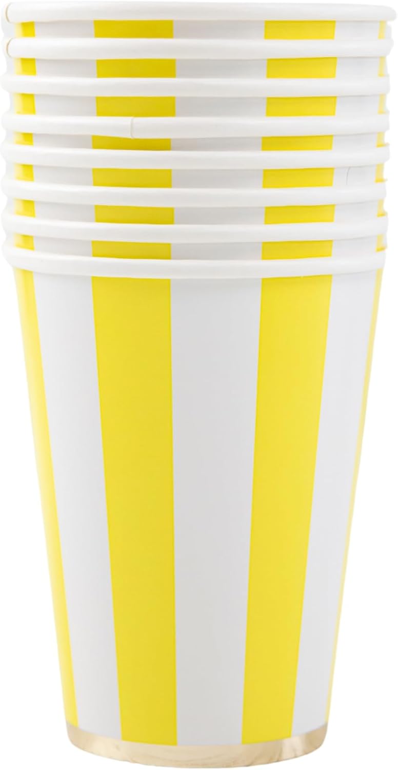 Light Yellow Cabana Stripe Party Cups, Pack of 8, 12oz | Disposable, for holidays, baby showers, and birthday parties